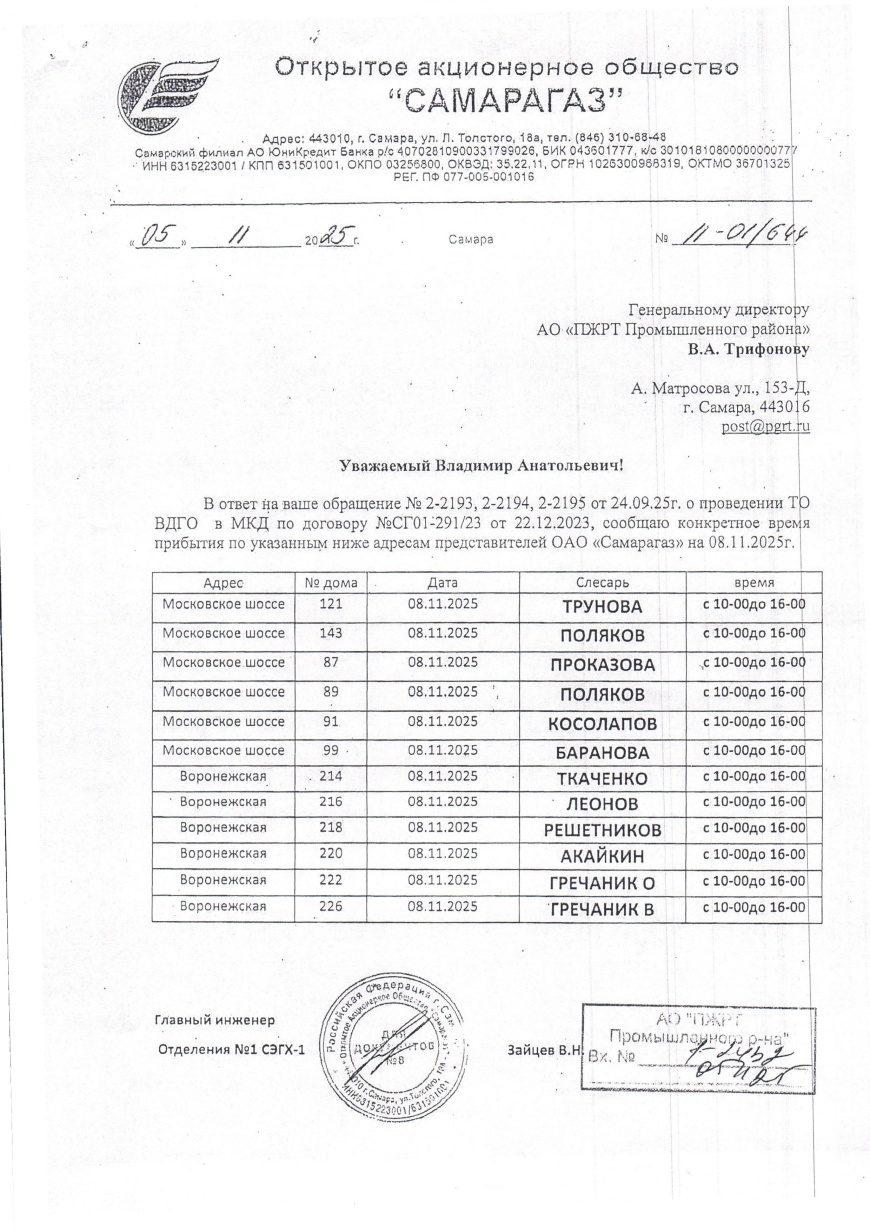 Графики прибытия представителей ОАО "СамараГаз" для проведения ТО ВДГО